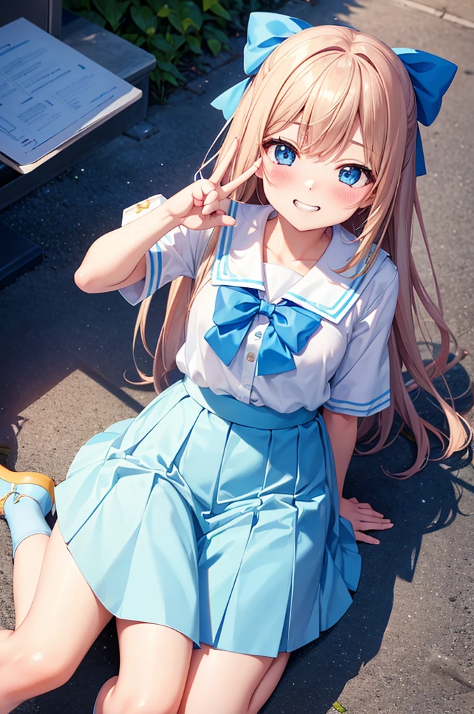 Grin, peace sign, From above, (Squint your eyes:1.2), close, One Girl, blush, sit, nsfw,beautiful girl　 Wear a uniform, Light blue skirt, Long skirt, small bow, small bow, Anime movie