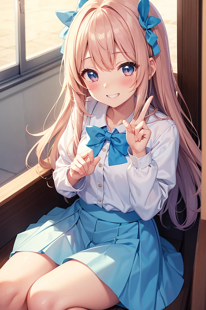 Grin, peace sign, From above, (Squint your eyes:1.2), close, One Girl, blush, sit, nsfw,beautiful girl　 Wear a uniform, Light blue skirt, Long skirt, small bow, small bow, Anime movie