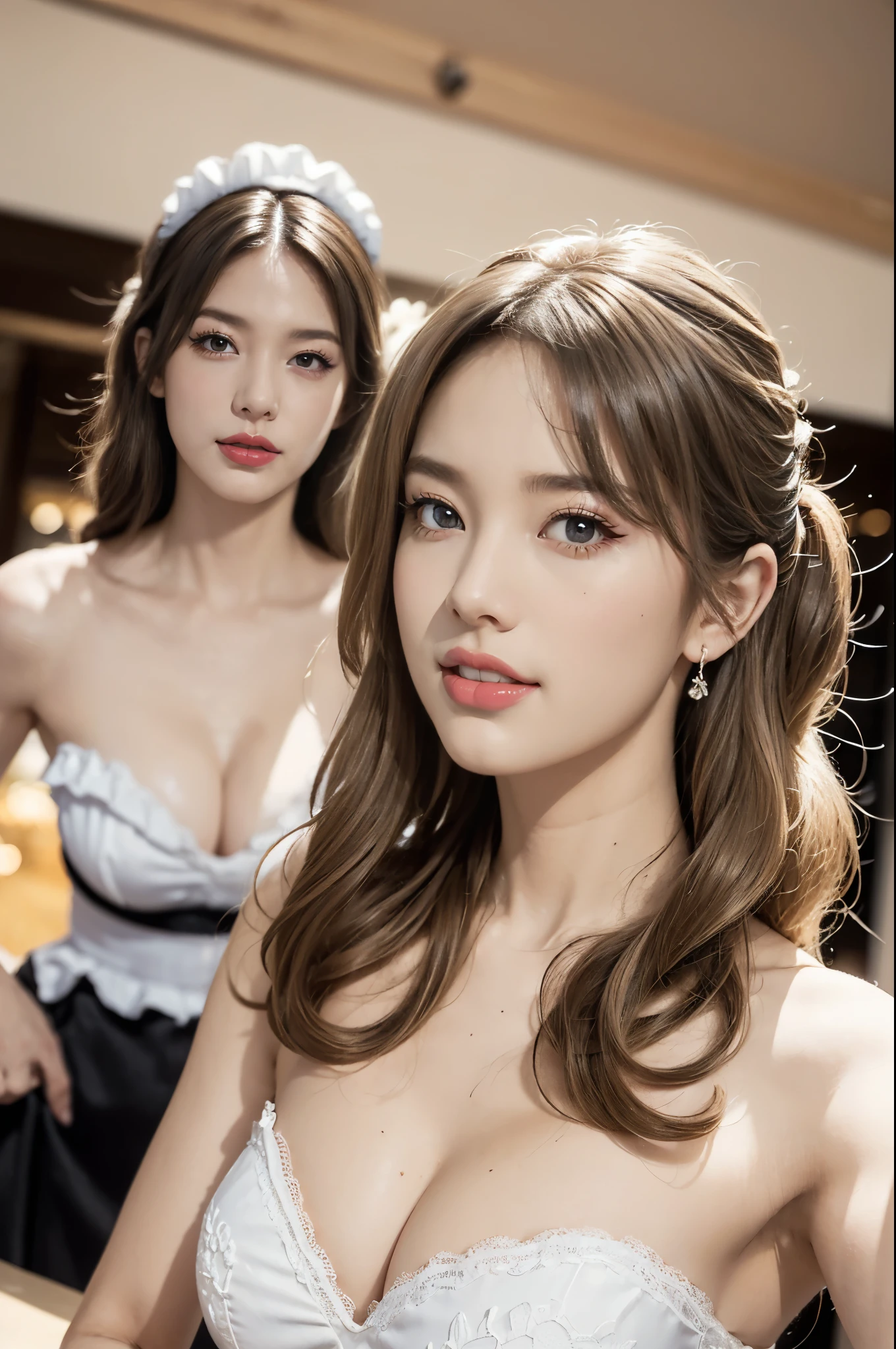 (((best quality))),(((ultra detailed))),(((masterpiece))),illustration,1girl,maid cafe,stunningly beautiful,slim,medium straight bob hair,gigantic breasts,deep captivating eyes,strapless see through lace bra,cleavage,graceful movements,confident charm,warm genuine smile,France cafe,delicious coffee pastries,warm inviting atmosphere,joyful eyes,Coffee Machine,close-up of face