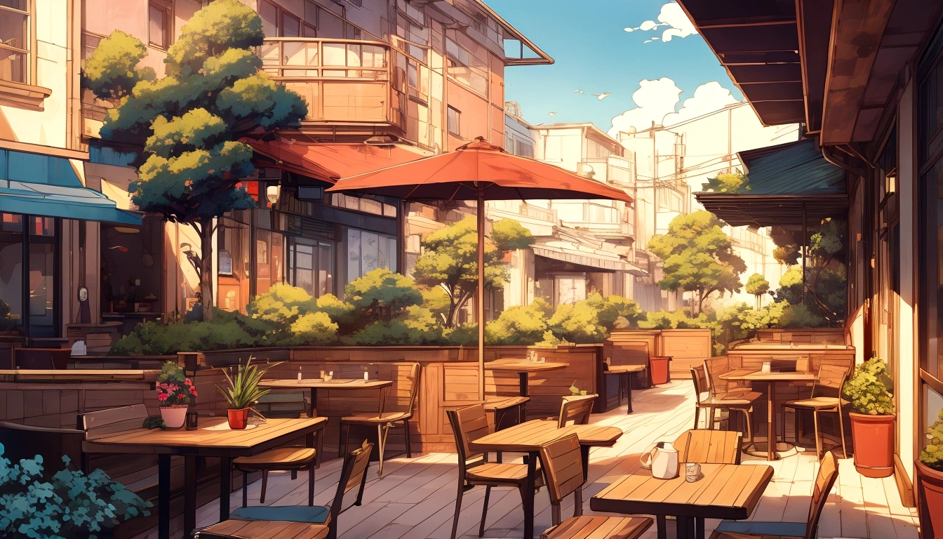 Urban cafe with terrace,wide々And in space , Woman drinking coffee , Wearing headphones , Studio Ghibli Animation , Warm sunshine , masterpiece