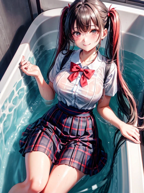 school girl twin tails hair , (masterpiece, best quality:1.2), in the bathtub, school girls , smile, looking at viewer, jk school girls outfit, tight shirt , wet clothes, soaked, wet hair, wet skin, translucent, glistening with oil , dishevelled , skirt dark red , plaid skirt , pleated skirt , Tight shirt , white Shirt , school girl , red knot , red bow , school , skirt is adjacent to the chest , big breasts , big tits , showerhead