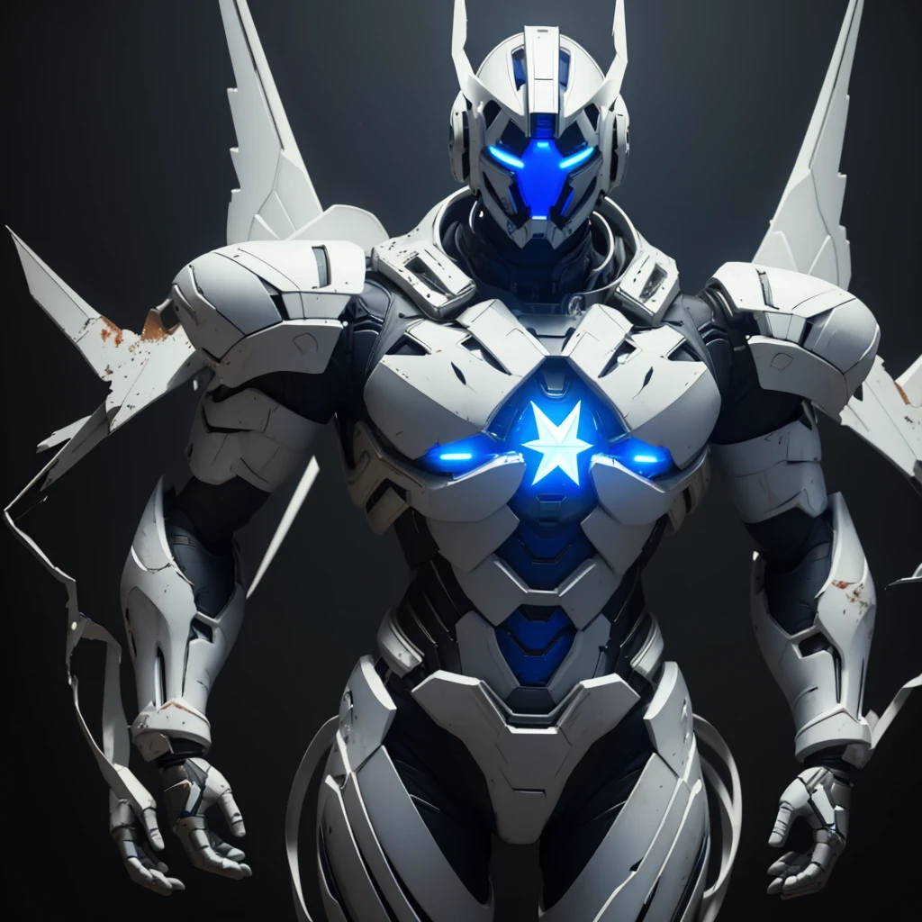Dronificated unknown man in a badly damaged fully enclosed white latex fullbody suit with blue lights across the suit and star shaped glowing core in the chest, fully enclosed cyber helmet that cover his whole face and hides his identity with a blue screen that has a white star, muscular, strong, with mechanical open wings, floating over a city, no face, no hair, no mouth, no eyes, (perfect anatomy), (full body) (pov from below), (damage), (rust), (broken visor)
