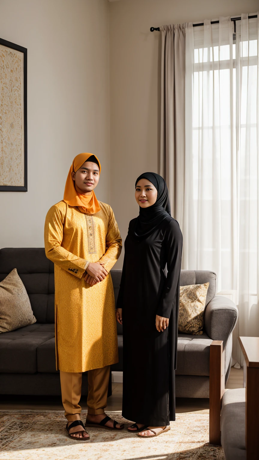 studio photo of a young Indonesian couple. full body, wearing Muslim clothes with the same motif. 32 year old husband with neat thin hair and a clean face, 30 year old wife wearing a hijab that matches her clothes, detailed face, detailed clothes, living room background, bright lighting, bright sunlight, detailed background