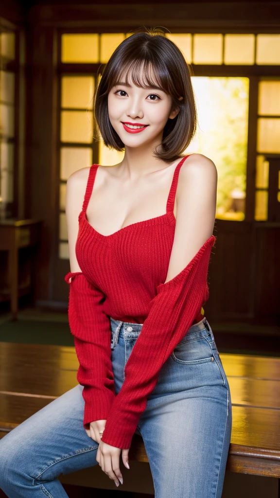 Highest quality, On the table, Ultra-high resolution, Reality, 1 girl,High resolution full body images, red lips smile, Smile, The are slightly visible, Red sweater, Denim skirt,Full body image,Soft lighting, Delicate skin, Bangs, Black Hair, Clear eyes, Short Bob Hairstyle, transparency, Japan, Korean, Beautiful woman, Upper Eye, Lip Gloss, Teardrop, Mole on chest, Accentuate the body line