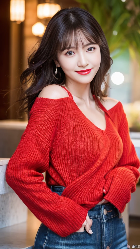 Highest quality, On the table, Ultra-high resolution, Reality, 1 girl,High resolution full body images, red lips smile, Smile, The are slightly visible, Red sweater, Denim skirt,Full body image,Soft lighting, Delicate skin, Bangs, Black Hair, Clear eyes, Short Bob Hairstyle, transparency, Japan, Korean, Beautiful woman, Upper Eye, Lip Gloss, Teardrop, Mole on chest, Accentuate the body line
