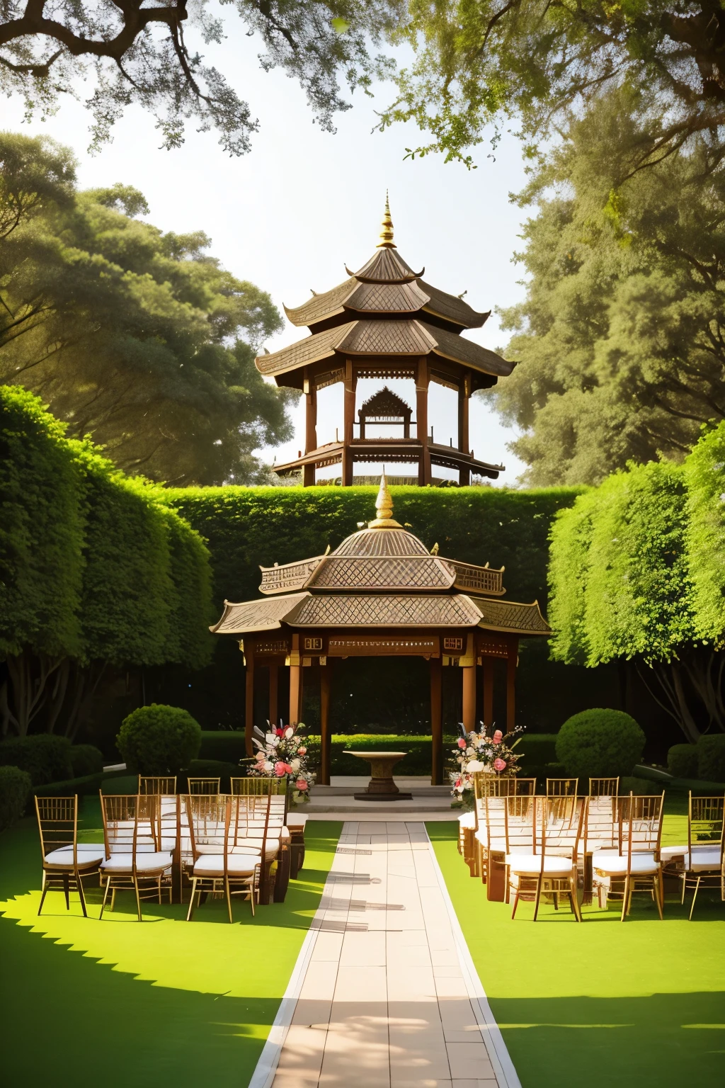 Create a breathtaking wedding venue design set in the tranquil and majestic Shantipura, renowned as the Kingdom of Peace. The scene unfolds in a lush, verdant forest, with a towering grand pavilion at its heart, adorned with ornate golden lanterns and an abundance of blooming wildflowers. The atmosphere exudes a serene and magical ambiance, as gentle lighting from torches cast a warm, inviting glow along the intricate pathways.
Elegant seating arrangements for guests are nestled amongst the trees, each chair meticulously designed to blend seamlessly with the surrounding environment. A captivating altar emerges from the