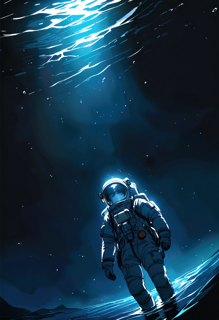 astronaut submerged at the bottom of the dark ocean
