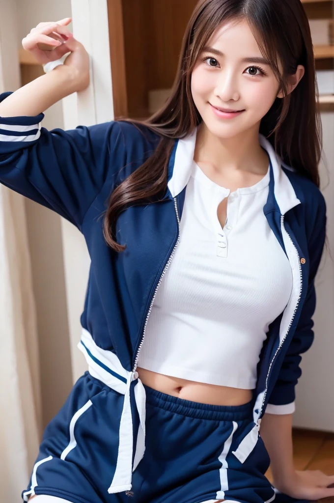 8K、High definition、Ultra Detail、Photorealistic、Realisticで正確な描写、Realisticで正確な人体構造、High resolution、Highest quality、Japanese beautiful girl、masterpiece,Highest quality,taller than , One girl, shirt, alone, Gym suit, Realistic, Navy blue bloomers,Beautiful Face,Face Focus, An innocent smile、Natural Makeup、Perfect Skin、Charm、Active、