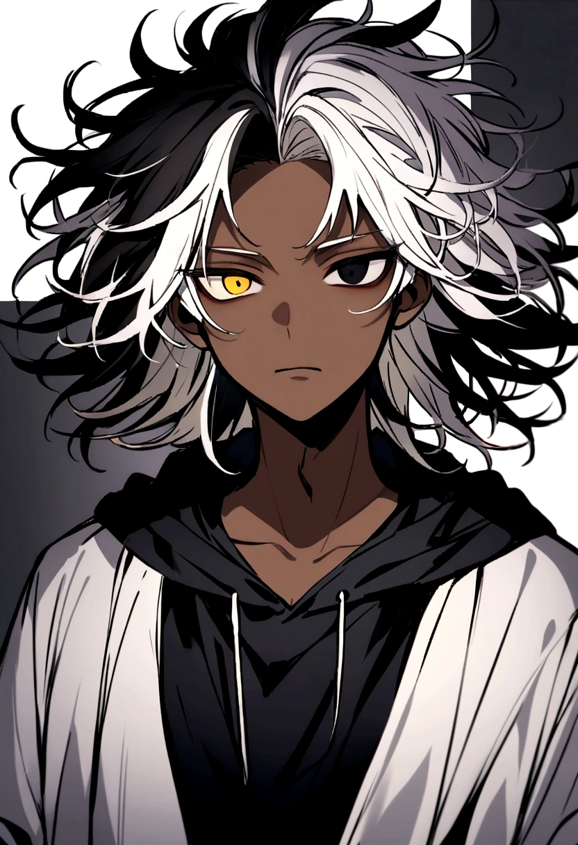 white shirt, wearing a black hoodie , yellow and black eyes heterochromia , , dark expression , Messy hair , Medium length hair , 1 men , multicolored black and white hair , two tone hair , dark skin color