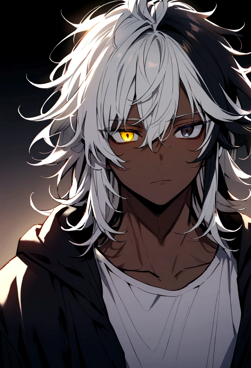 white shirt, wearing a black hoodie , yellow and black eyes heterochromia , , dark expression , Messy hair , Medium length hair , 1 men , multicolored black and white hair , two tone hair , dark skin color