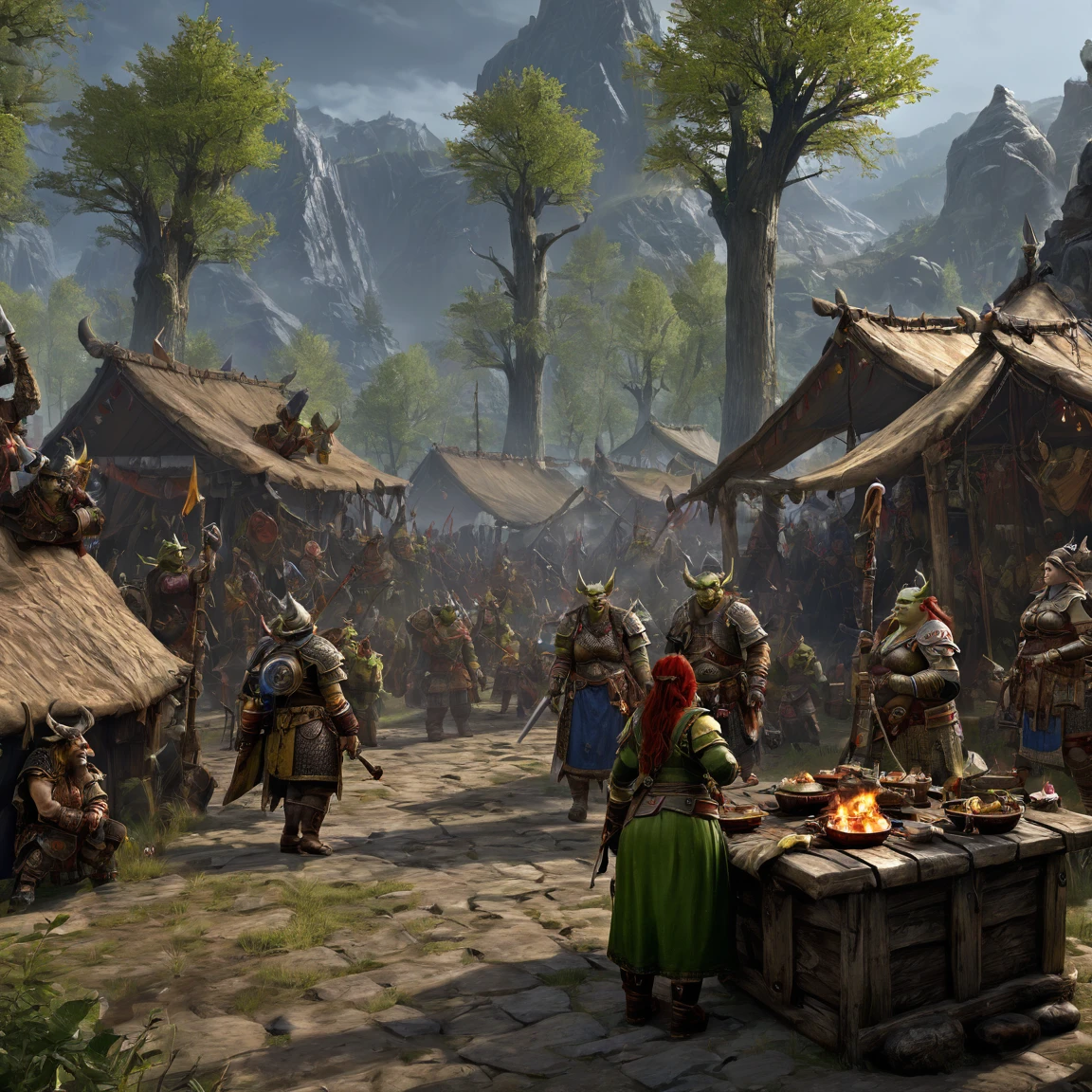 (best quality)), ((masterpiece)), ((realistic,digital art)), (super detailed), total war warhammer fantasy, female ogre camp,