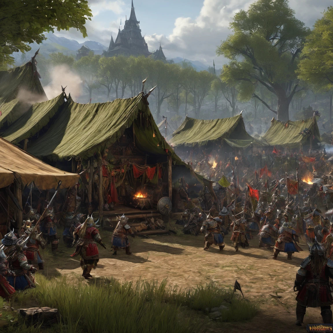(best quality)), ((masterpiece)), ((realistic,digital art)), (super detailed), total war warhammer fantasy, female ogre camp,