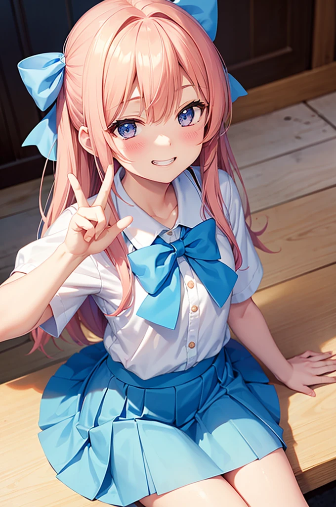 Grin, peace sign, From above, (Squint your eyes:1.2), close, One Girl, blush, sit, nsfw,beautiful girl Wear a uniform, Light blue skirt, Long skirt, small bow, small bow, Anime movie