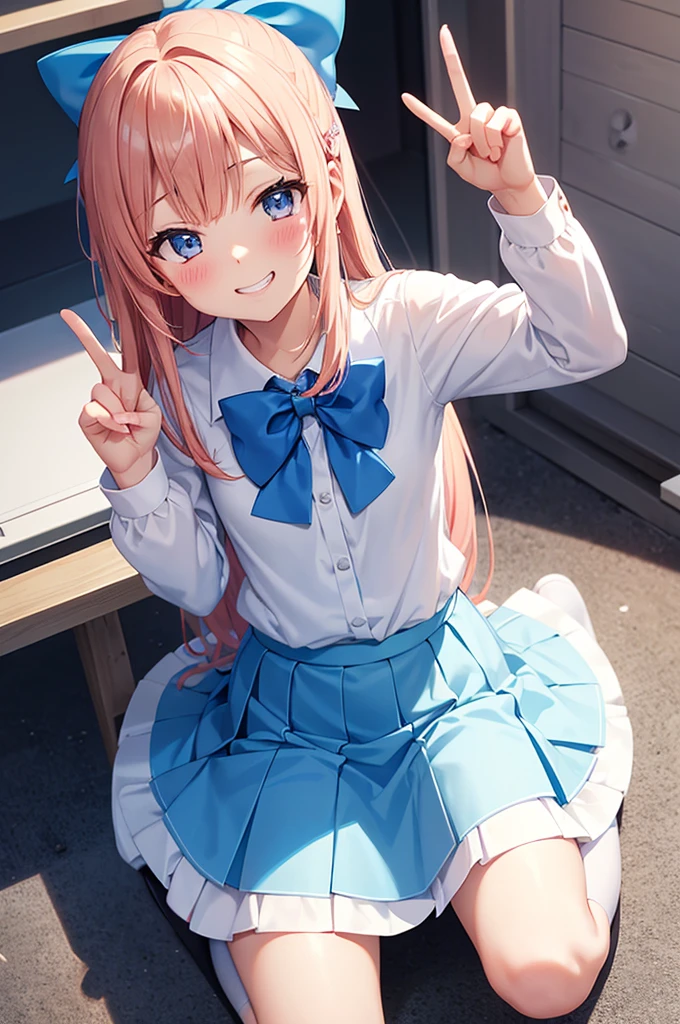 Grin, peace sign, From above, (Squint your eyes:1.2), close, One Girl, blush, sit, nsfw,beautiful girl　 Wear a uniform, Light blue skirt, Long skirt, small bow, small bow, Anime movie