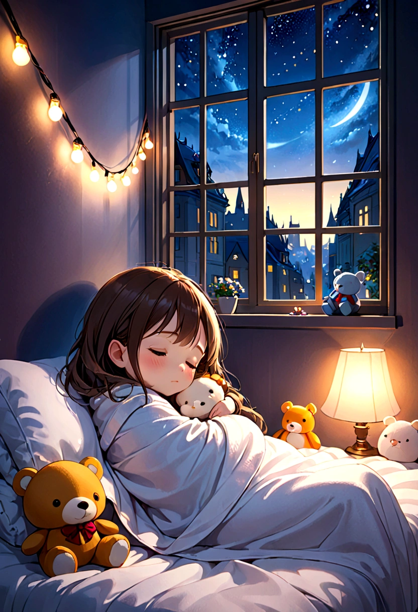 cute little girl sleeping comfortably on a bed, covered with a blanket, stuffed animal, string lights on the wall, window, cozy and comforting atmosphere, nighttime, wonder, pixiv