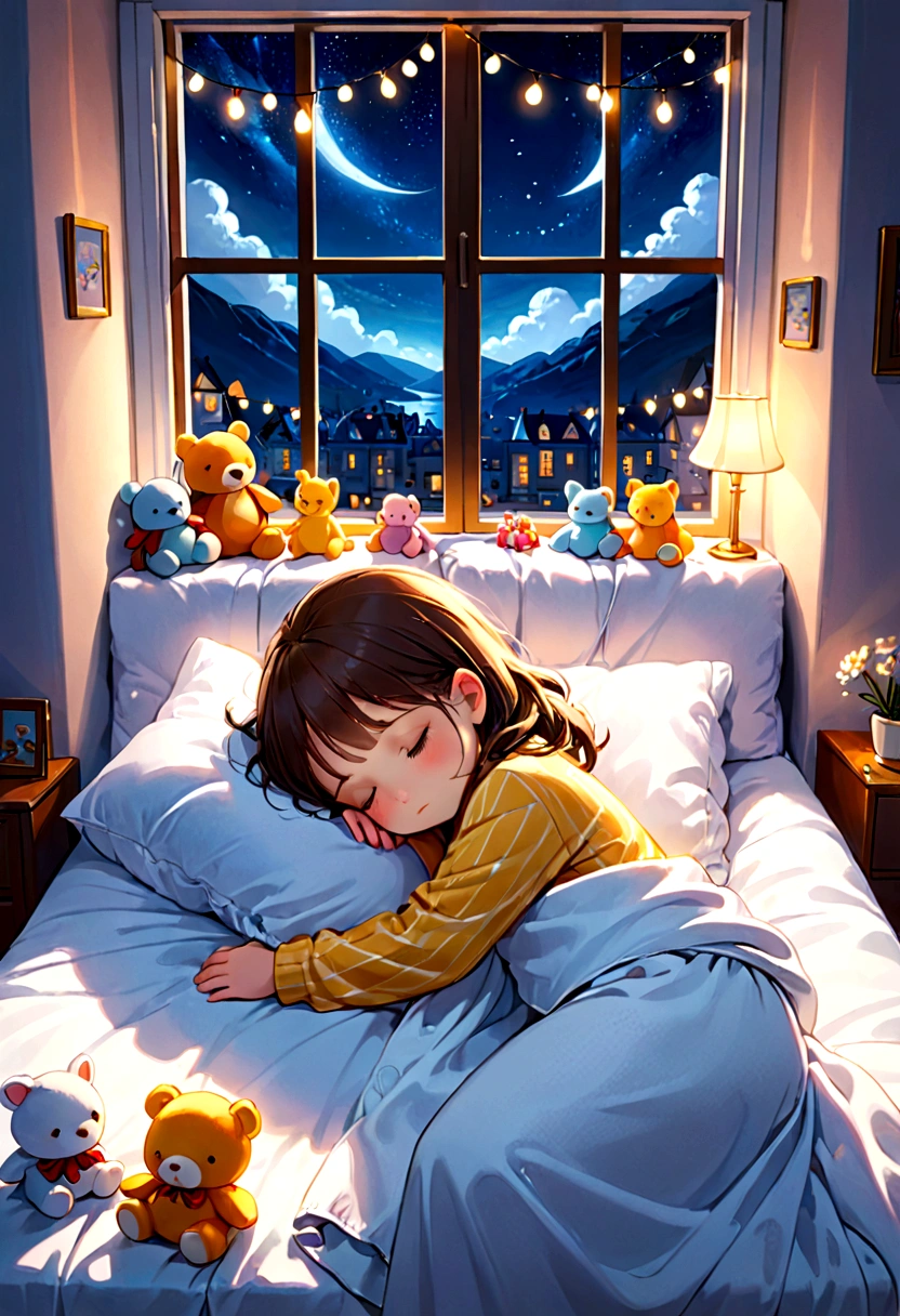cute little girl sleeping comfortably on a bed, covered with a blanket, stuffed animal, string lights on the wall, window, cozy and comforting atmosphere, nighttime, wonder, pixiv