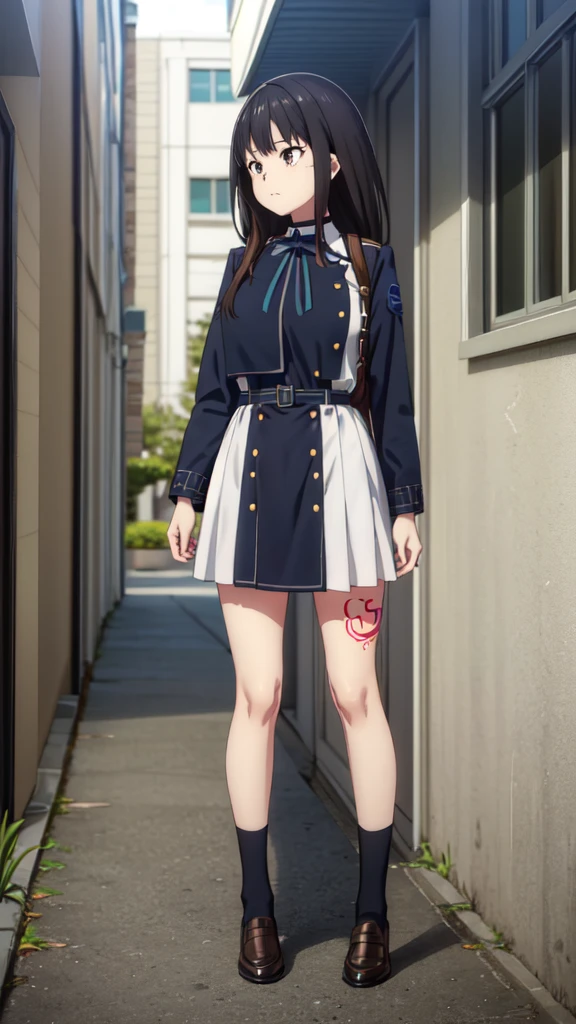 (((Pixel Perfect, Perfect in every detail))), alone, 1 personの女の子, Inoue Check, Licorice Uniform, View your viewers, Mouth closed, (((Pixel Perfect, Perfect in every detail))), alone, 女の子1 person, Chisato Nishikigi, Uniform sake, Looking at the audience, 1 personの女の子, alone, chest, Neck ribbon, Collared shirt, Uniform sake, Two-tone micro mini dress, Blue Dress, Long sleeve, Red Belt, (((1 personの女の子))),(((alone))),(((1 person))).loafers、Black socks、女の子1 person, whole body,(Looking up:1.4) alley, Contact us, Talk to your audience、Are Are standing、, 1 Girl}} Are standing,,{Show Viewer,, tattoo, High heels, saliva, tattoo、顔を強調するAre standing、Shaving, (下腹部のtattoo:1.5), (ハートのtattoo:1.5), (belly but ton: 1.1), 女の子1 person, whole body,choker、slave、 Big Breasts、chestの膨らみ,big、Expressionless、(Blacknee-length socks:1.4)