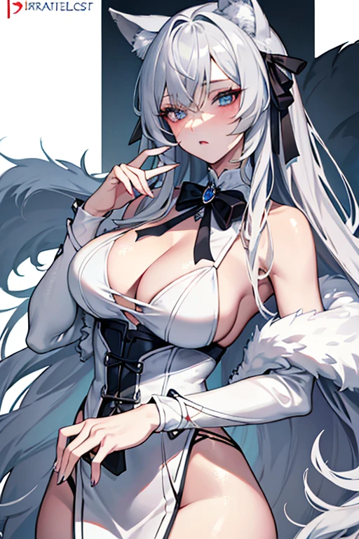best qualtiy，tmasterpiece，The is very detailed，4K，Gray hair and shallow eyes，Drag cool expressions，Wolf ears，Erect scar on the left eye，British style，1girl，Absolutely beautiful, large full breasts, white costume, ear ribbon