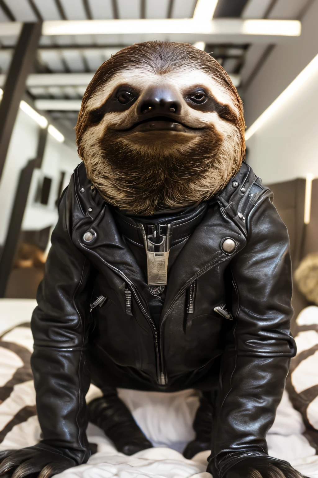 hyper realistic photo of a complete badass sloth, animal sloth wearing black leather biker clothes, black sunglasses, showing off a tiny sachet, arm extended showing product, sitting on a bed, focus on product, smiling, romantic vibes