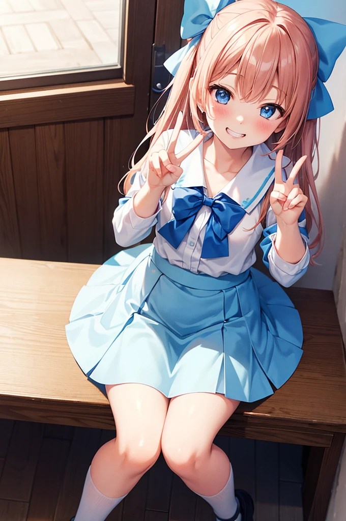 Grin, peace sign, From above, (Squint your eyes:1.2), close, One Girl, blush, sit, nsfw,beautiful girl Wear a uniform, Light blue skirt, Long skirt, small bow, small bow, Anime movie