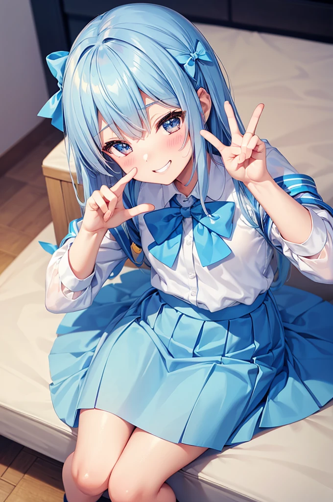 Grin, peace sign, From above, (Squint your eyes:1.2), close, One Girl, blush, sit, nsfw,beautiful girl Wear a uniform, Light blue skirt, Long skirt, small bow, small bow, Anime movie