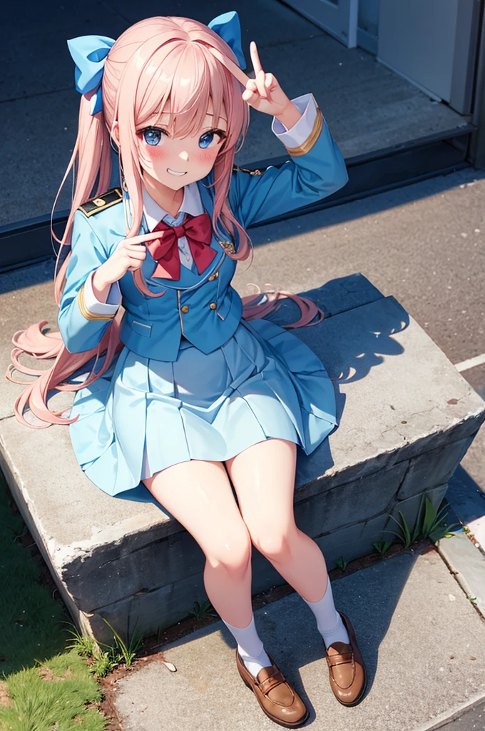 Grin, peace sign, From above, (Squint your eyes:1.2), close, One Girl, blush, sit, nsfw,beautiful girl Wear a uniform, Light blue skirt, Long skirt, small bow, small bow, Anime movie