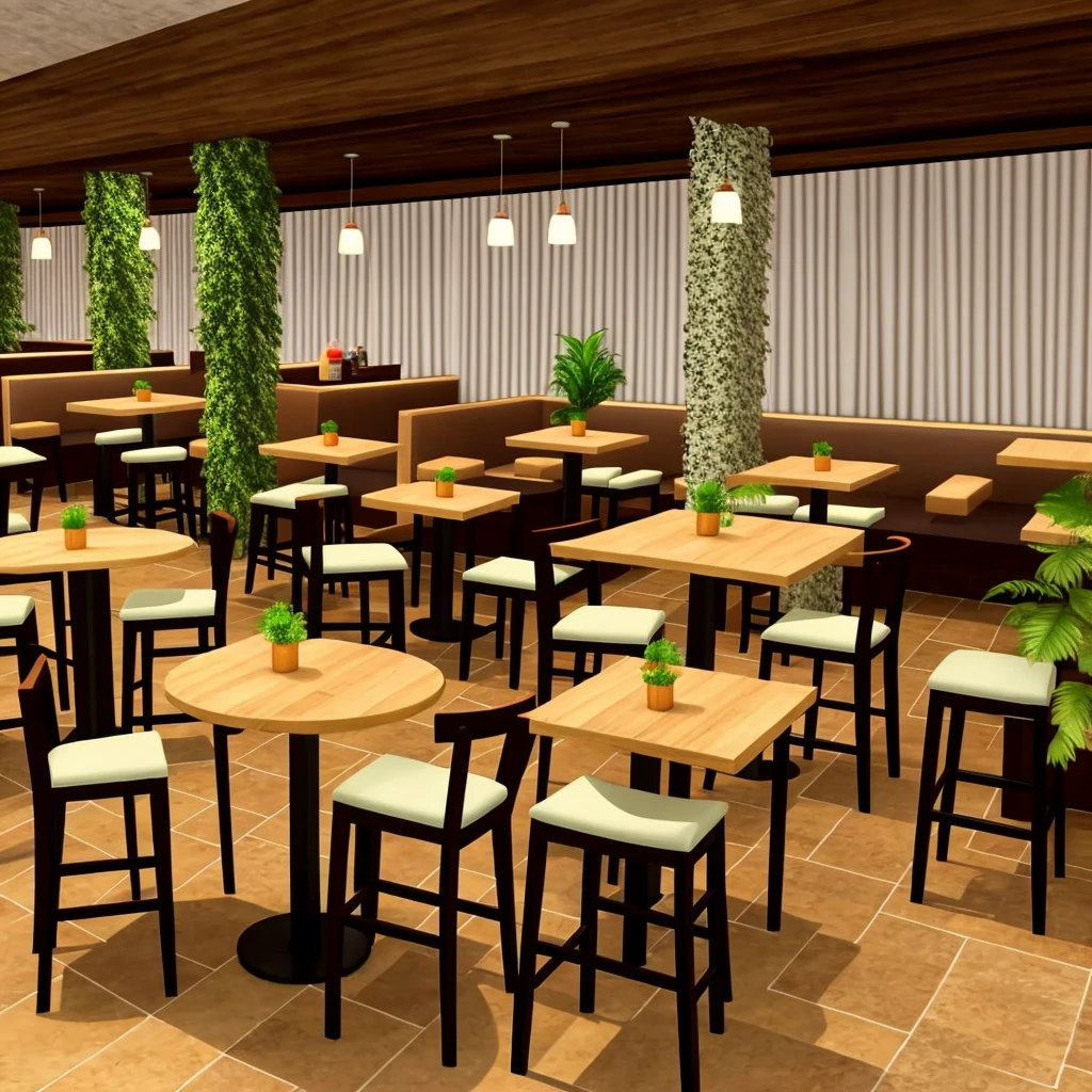 3D graphics, like in a game Interior of the restaurant with three columns in the center, a pair of large tables with soft chairs in light colors and wooden floor and a bar with plants 