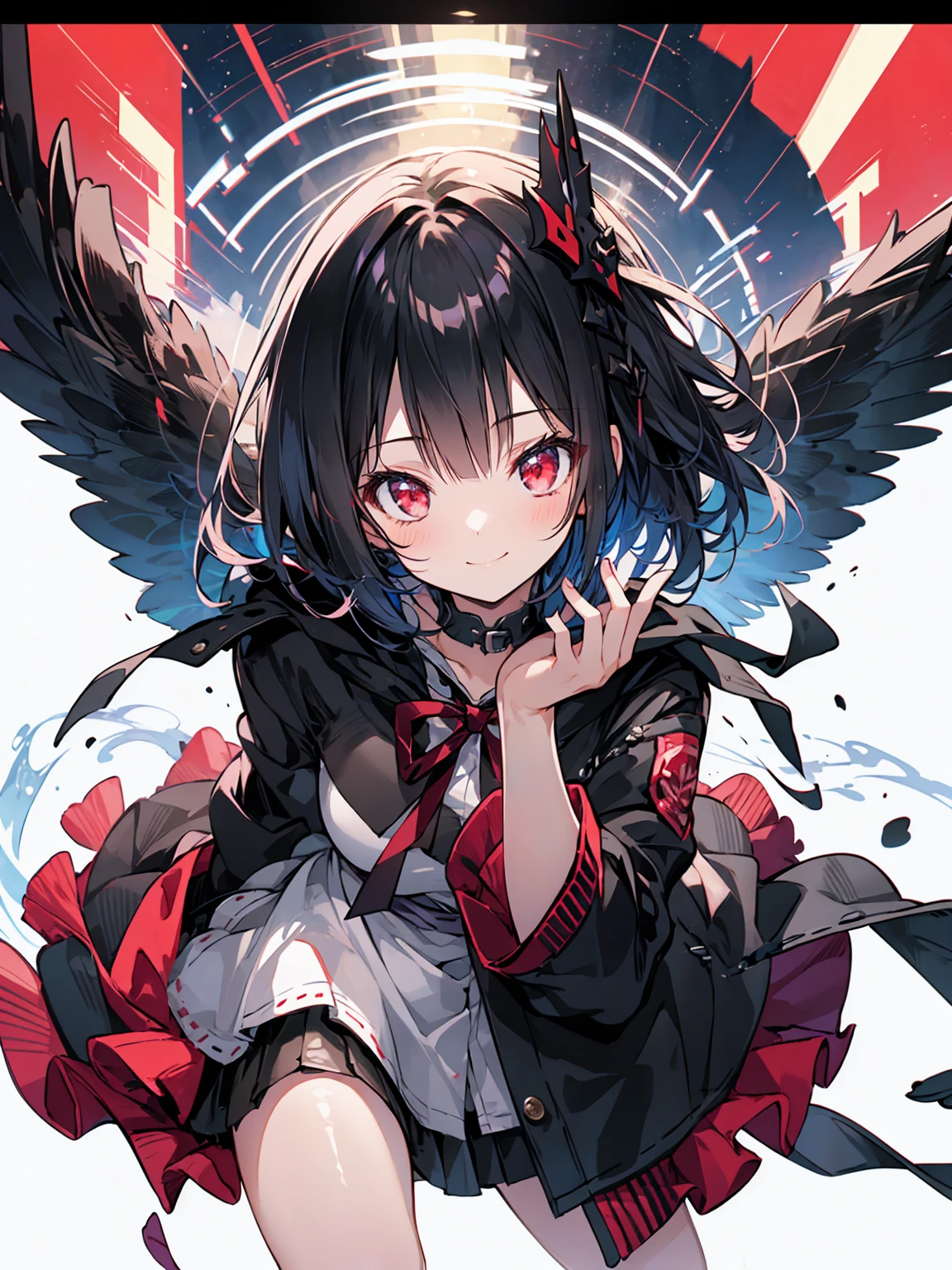 (masterpiece, highest quality, highest quality, (No text), Beautiful and aesthetic:1.2),No text,アニメ、 BREAK,One Girl,Short black hair Red eyes cool smile Black jacket mini skirt whole body night