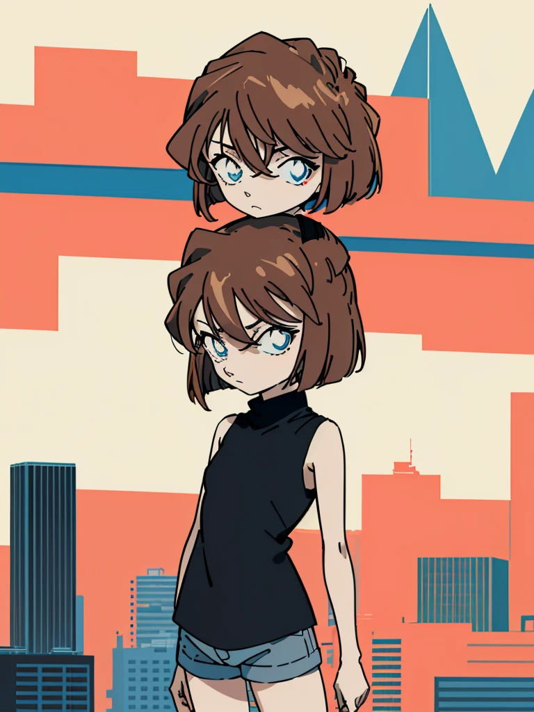 anime style, (1girl in, Solo:1.0), (Haibara Ai), ((Short pants)), (((Big eyes))), (Cute anime girl head), (flat chest),looking at viewer,With a height of 100cm, shoot from front, (head shot), Simple line minimalism, Abstract Art, City background, anime opening movie