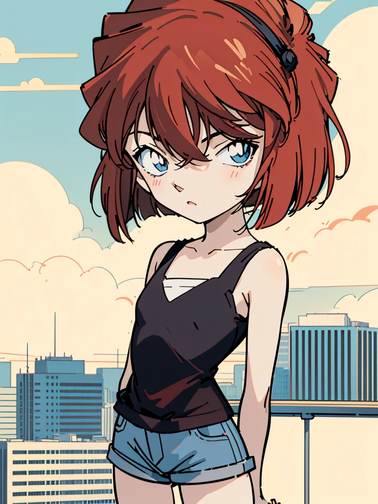 anime style, (1girl in, Solo:1.0), (Haibara Ai), ((Short pants)), (((Big eyes))), (Cute anime girl head), (flat chest),looking at viewer,With a height of 100cm, shoot from front, (head shot), Simple line minimalism, Abstract Art, City background, anime opening movie