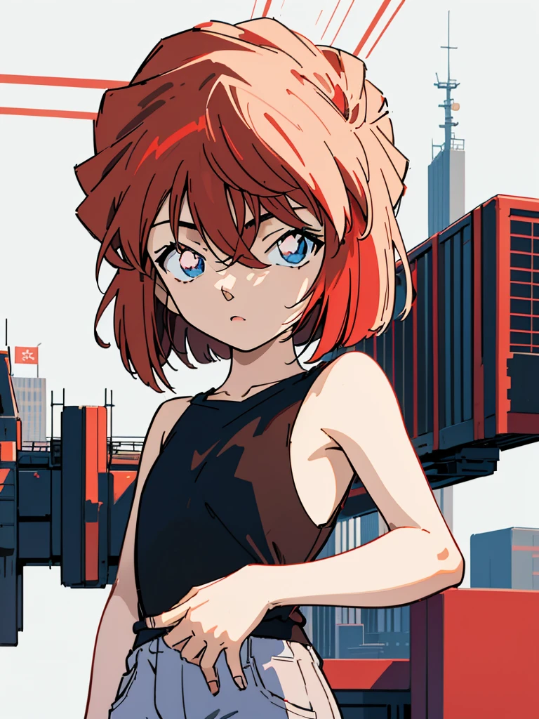 anime style, (1girl in, Solo:1.0), (Haibara Ai), ((Short pants)), (((Big eyes))), (Cute anime girl head), (flat chest),looking at viewer,With a height of 100cm, shoot from front, (head shot), Simple line minimalism, Abstract Art, City background, anime opening movie