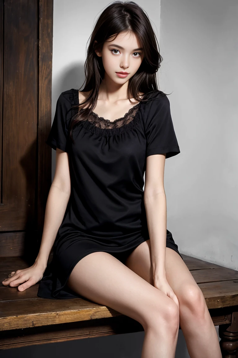 (best quality,realistic,ultra-detailed),a sexy and slim 18-year-old French brunette woman in black short sleeve nightdress, visible leg,sur un banc,