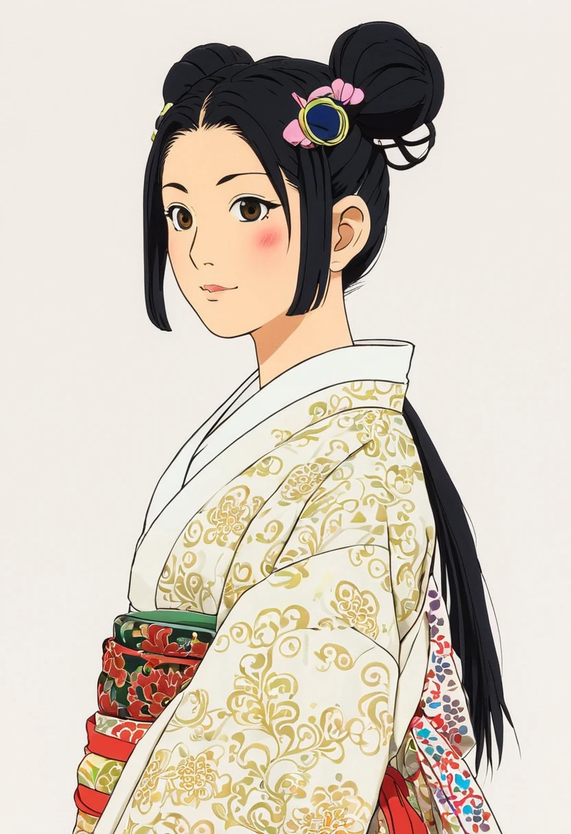 A Ghibli's studio character (2D). She have her black hair tied in a long pigtails. She wears traditional oiran clothes. Her aesthetic and her colos are cold.