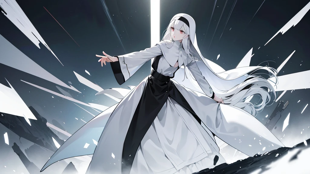 Character (hair bangs) (white long hair) (white pale skin) (battle nun-style clothing) (black clothing) (character in dynamic pose) (perspective angle taken)