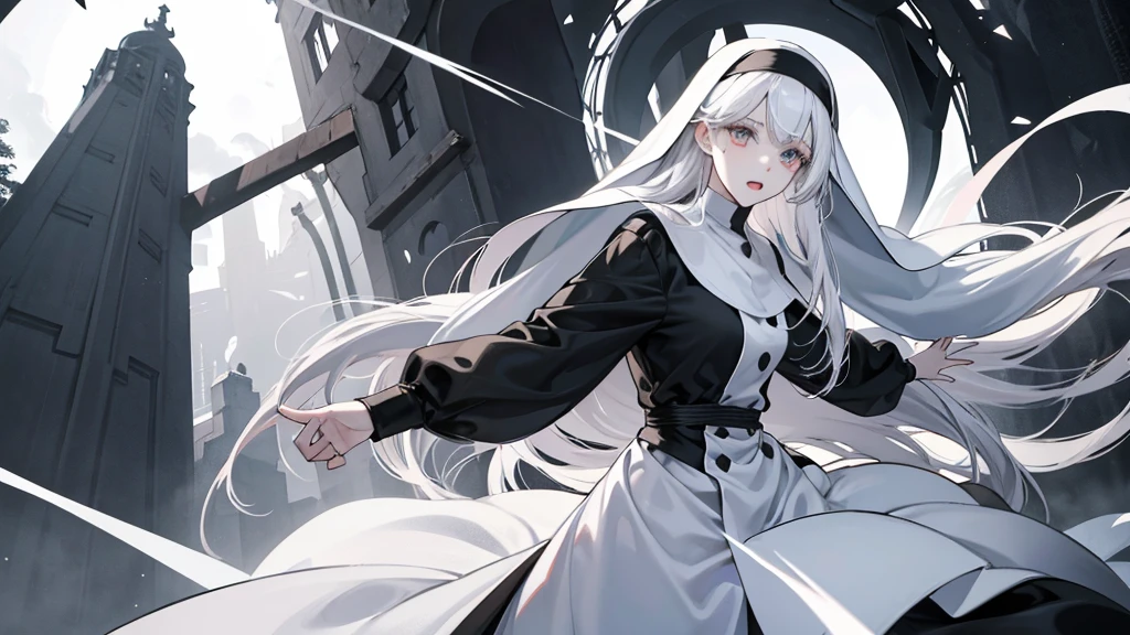 Character (hair bangs) (white long hair) (white pale skin) (battle nun-style clothing) (black clothing) (character in dynamic pose) (perspective angle taken)