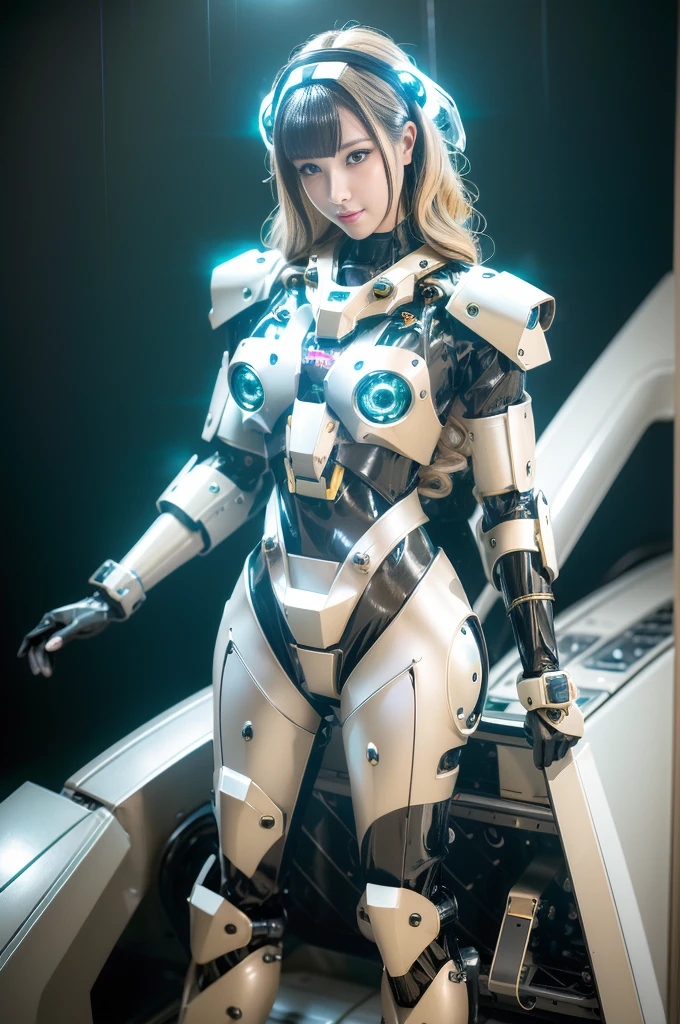 Super Detail, High Detail, high quality, best quality, High resolution,1 female robot,Beautiful female robot,beautiful clear face(Rain waves_haneame:1.5), Mechanical body(Smooth metal surface,armor,Mechanical seams of skin,beautiful body curves),Mechanical body structure,High-tech all over the body(Deva Battle Suit : 1.5),Streamlined mechanical armor (Relatively thick,Highlight breast curves),Technology Antenna Hair Accessories