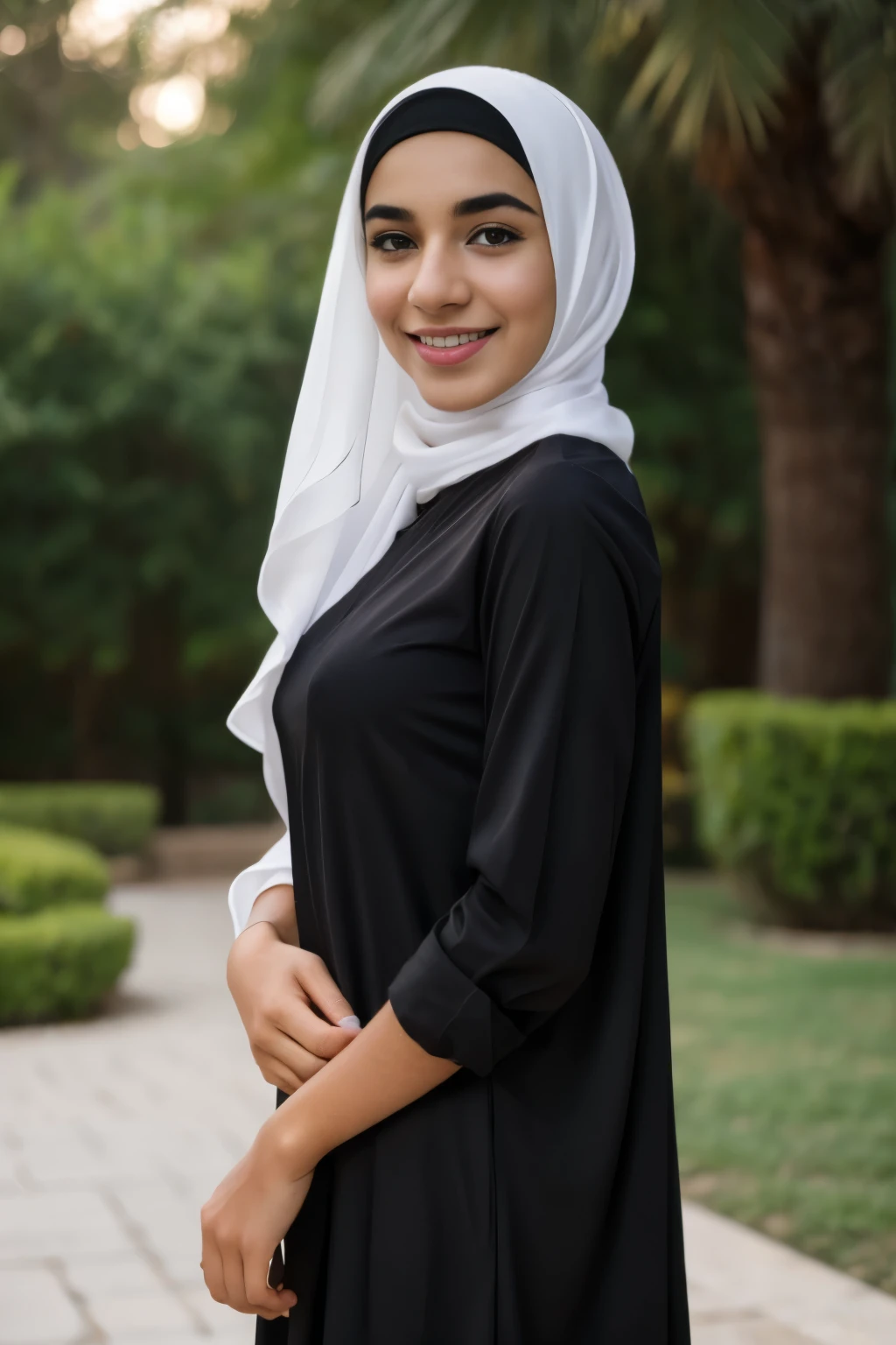 (Cute glamour model), gorgeous teenony arab, head and shoulders focus, youthful, young, teen, teer, (lng at the camera), outdoor lighting, huge breasts, hijab, thin, skinny, dainty, delicate, no bra, black abaya dress