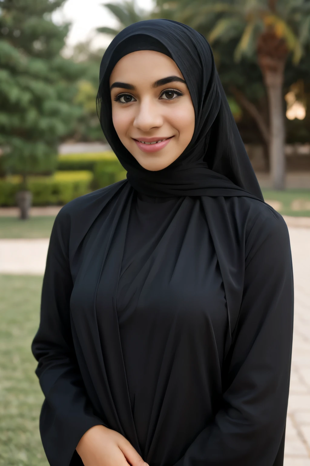 (Cute teen glamour model), gorgeous teen, ebony arab, head and shoulders focus, youthful, young, teen, teenager, (looking at the camera), outdoor lighting, huge breasts, hijab, thin, skinny, dainty, delicate, no bra, black abaya dress