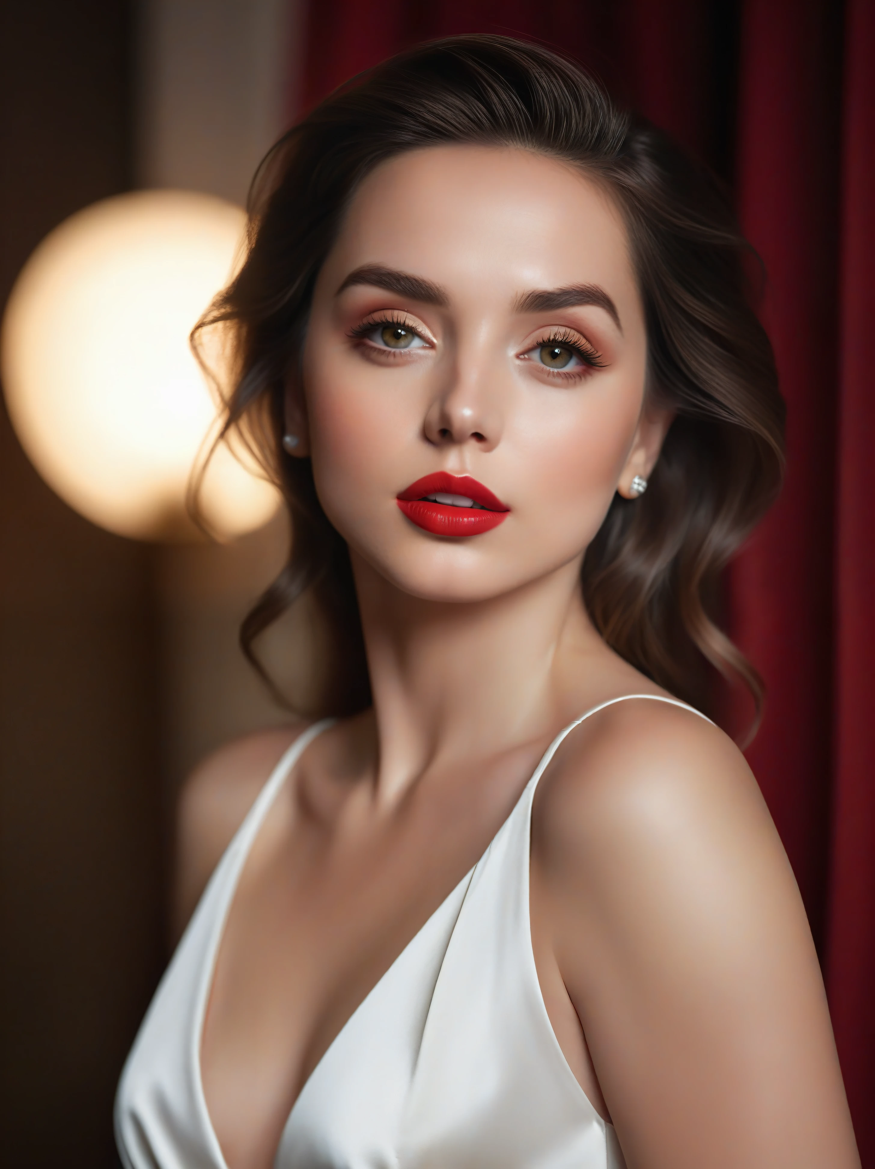 (best qualityer,4K,8K,high resolution,work of art:1.2),ultra detali,(realisitic,photorealisitic,photo-realisitic:1.37),gorgeous eyes,beautiful lips,face detailed,red lipgloss stick,Beautiful woman,white gown,elegant fashion model,elegant appearance,long eyelashes,confident expression,perfect  skin,posing gracefully,Fluent Fabric,soft and silky material,graceful motion,swirly vibrant colors,artistic lighting,Studio photo session, dreamy atmosphere