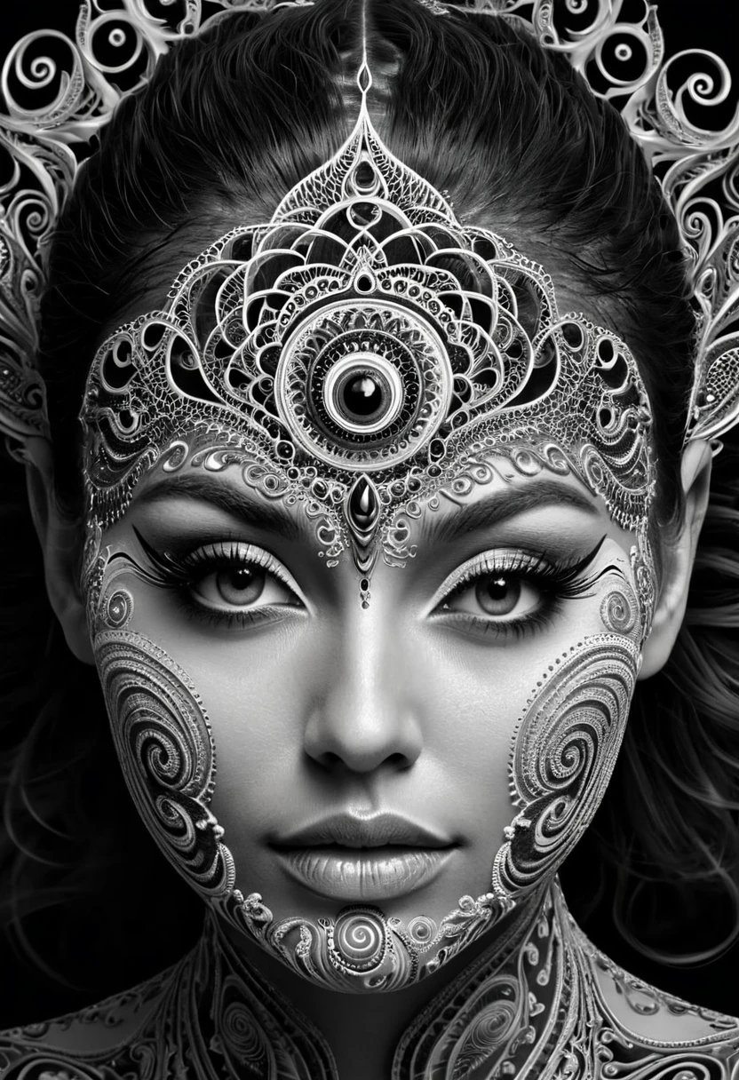 a black and white photo of a woman with many spirals on her face, digital art by Jon Coffelt, zbrush central contest winner, psychedelic art, extremely detailed goddess shot, fractal face, intricate face, thomas veyrat intricate, amazing detail digital art, dark but detailed digital art, great digital art with details, intricate digital art, digital intricate art