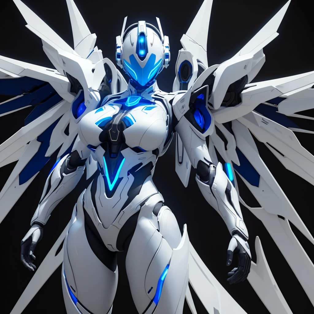 Dronificated unknown woman in a fully enclosed white latex fullbody suit with blue lights across the suit and star shaped glowing core in the chest, fully enclosed cyber helmet that cover her whole face and hides her identity with a blue screen that has a white star, huge breast, narrow waist, wide hips and thick thighs, open Mechanical wings, (floating over a futuristic city), no face, no hair, no mouth, no eyes, (perfect anatomy)