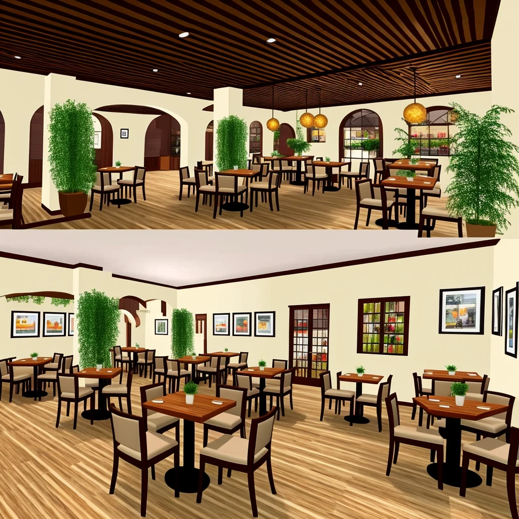 3D graphics, like in a game Interior of the restaurant with three columns in the center, a pair of large tables with soft chairs in light colors and wooden floor and a bar with plants 