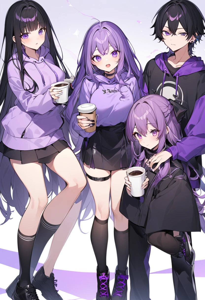 In a purple hoodie、Wearing a black short skirt、Wearing black socks、wearing black shoes。hair is black、Purple eyes。Breasts are K cup。The skin is white and、Long hair。Has one brother and one sister。My sister has an E cup。All in purple hoodies。All hair is black。My brother is wearing black pants.。