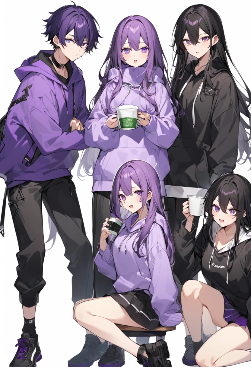In a purple hoodie、Wearing a black short skirt、Wearing black socks、wearing black shoes。hair is black、Purple eyes。Breasts are K cup。The skin is white and、Long hair。Has one brother and one sister。My sister has an E cup。All in purple hoodies。All hair is black。My brother is wearing black pants.。