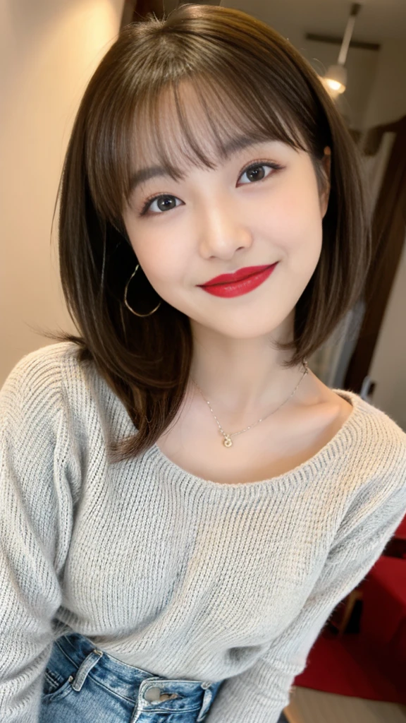 Highest quality, On the table, Ultra-high resolution, Reality, 1 girl,High resolution full body images, red lips smile, Smile, The are slightly visible, Red sweater, Denim skirt,Full body image,Soft lighting, Delicate skin, Bangs, Black Hair, Clear eyes, Short Bob Hairstyle, transparency, Japan, Korean, Beautiful woman, Upper Eye, Lip Gloss, Teardrop, Mole on chest, Accentuate the body line