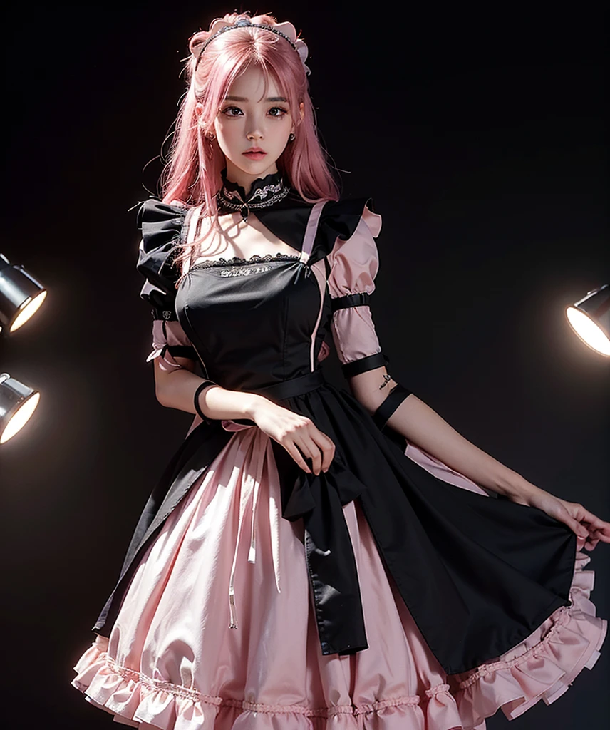 a beautiful girl,pink hair,standing,looking at to the viewer,(Very Detailed: 1.3),ultra realistic,HDR,(High Dynamic Range),8K RAW,(((1GIRL))),(((wearing maid dress))),sad face,(((black background))),masterpiece,best quality,perfect proportions