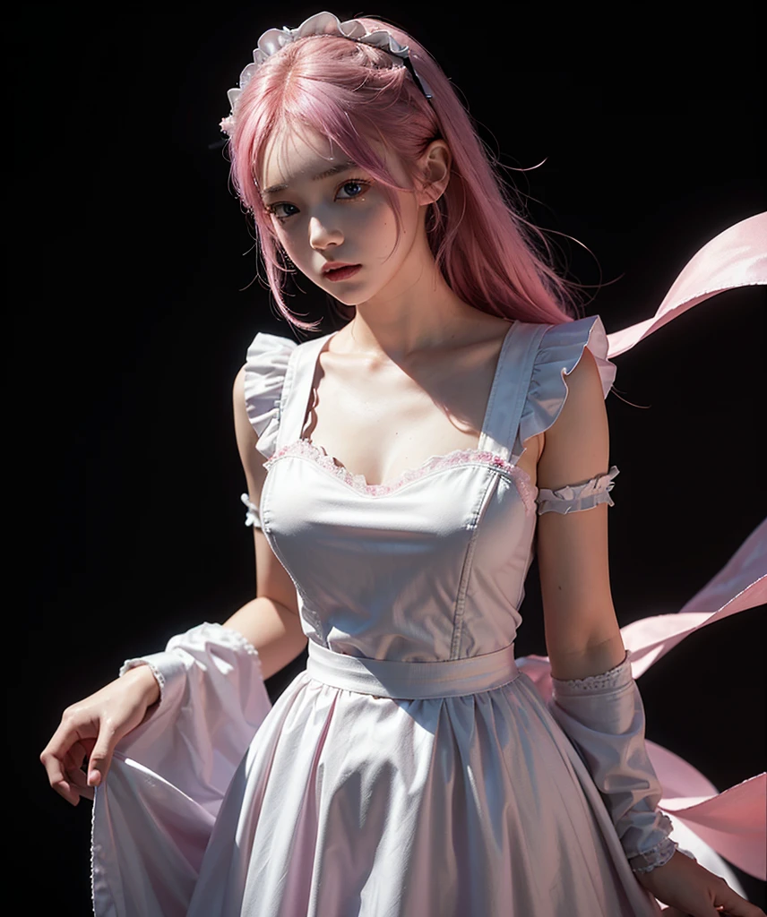 a beautiful girl,pink hair,standing,looking at to the viewer,(Very Detailed: 1.3),ultra realistic,HDR,(High Dynamic Range),8K RAW,(((1GIRL))),(((wearing maid dress))),sad face,(((black background))),masterpiece,best quality,perfect proportions