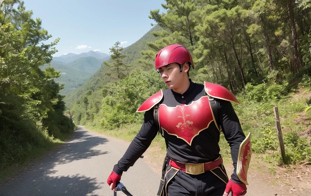 Equip yourself with the strongest shield and the strongest sword、Rin々Youth、15-year-old young man、RAW Photos、A young man dressed in full red armor、break、The background is a forest deep in the mountains.、There&#39;s a river flowing inside、Young man fighting demons
