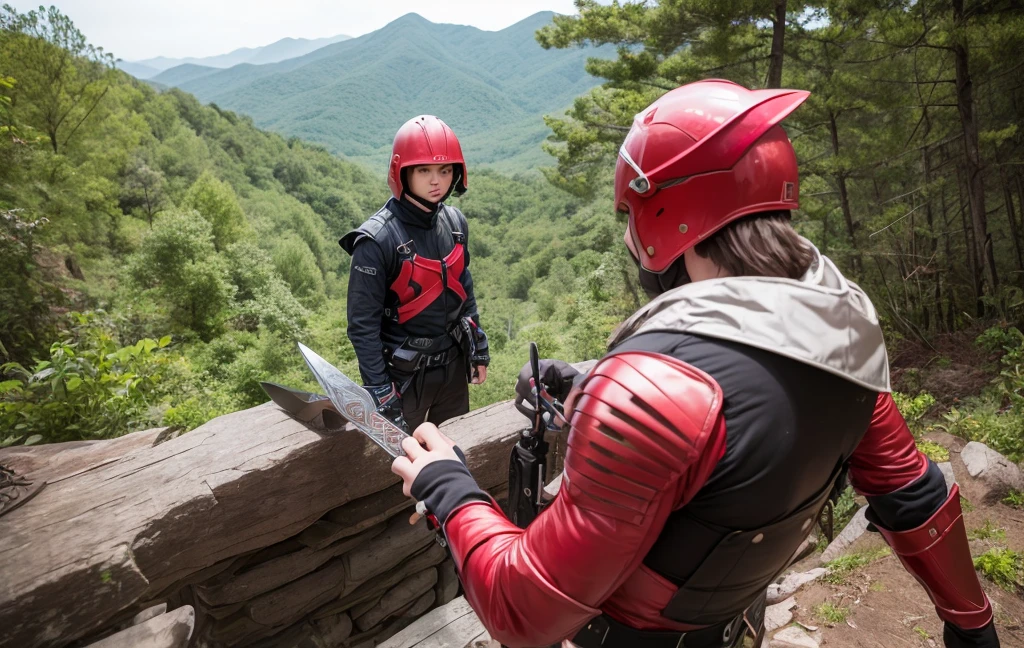 Equip yourself with the strongest shield and the strongest sword、Rin々Youth、15-year-old young man、RAW Photos、A young man dressed in full red armor、break、The background is a forest deep in the mountains.、There's a river flowing inside、Young man fighting demons