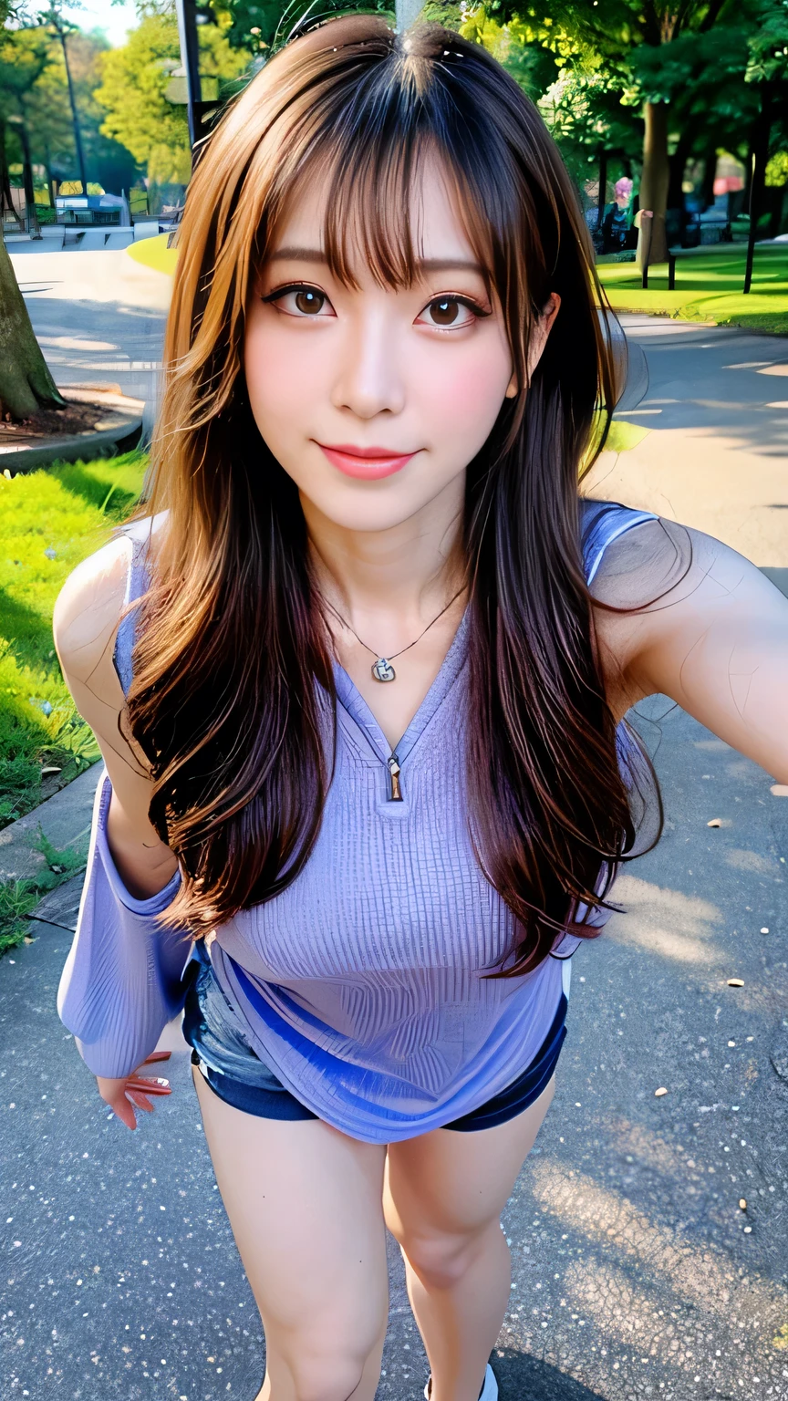 seed:4195271995,((Full Body Angle:1.1)),((Highest quality, 8K, masterpiece: 1.3)), concentrated: 1.2,Front hair:1.3, Cute girl 1,Nipples erect、 Perfect beauty: 1.4,Colorful ribbed knit half-zip T-shirt、Shorts,: 1.2,Randall Color、comics&Text Graphics、Black,1.1, Highly detailed face and skin textures, Fine grain, double eyelid, whitening skin, ,Highest quality,Ultra-high resolution,you,1 girl,alone,_Shiny_skin,Iris,necklace,((brown_length_Wavy_hair)),(lips)),eyelash,Front hair,deal with,compensate,Shiny,pore,skin big breasts、smiling face、Front hair、Walking in the park、walk